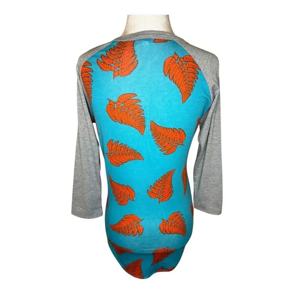 NEW LuLaRoe Women's XXS Randy Raglan Tee Blue Orange‎ Fern Leaf 3/4 Sleeve - Picture 3 of 8